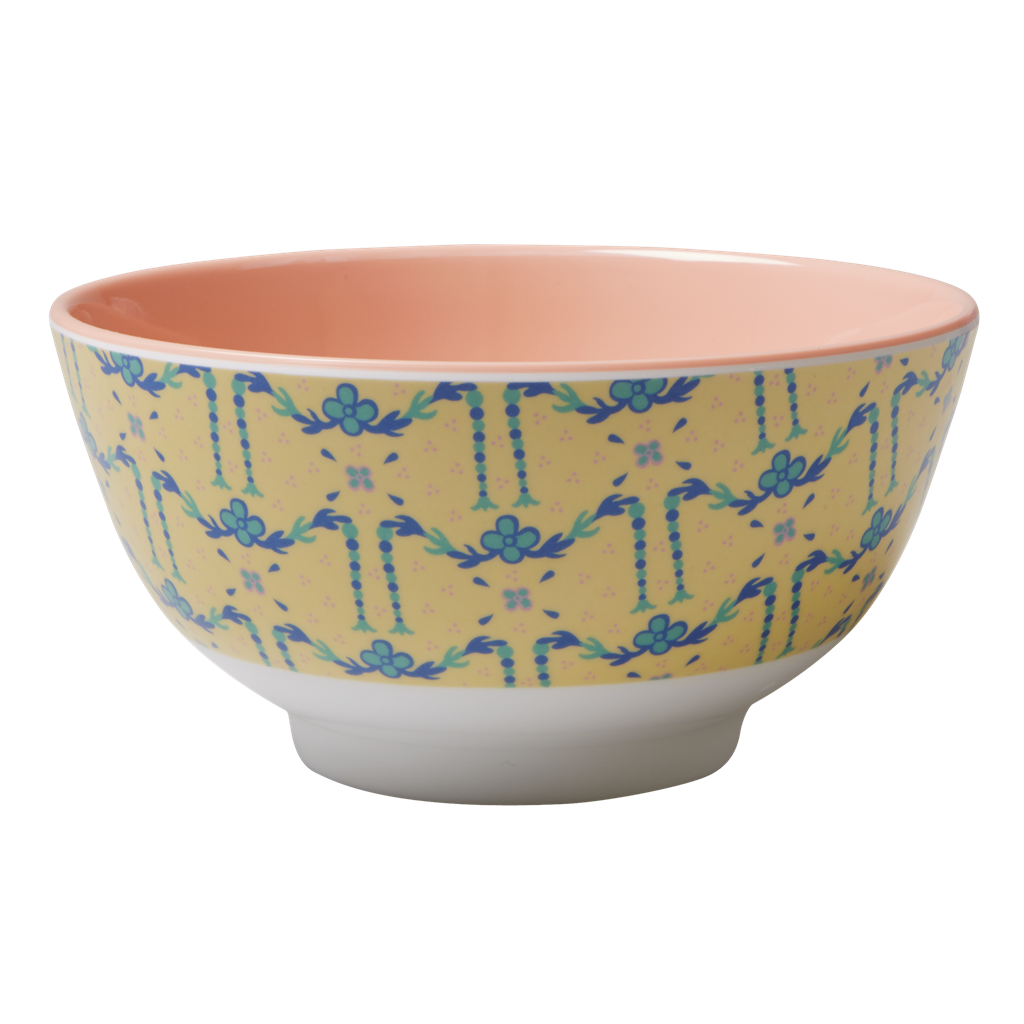 Yellow with Blue Flower Garland Melamine Bowl Rice DK Vibrant Home